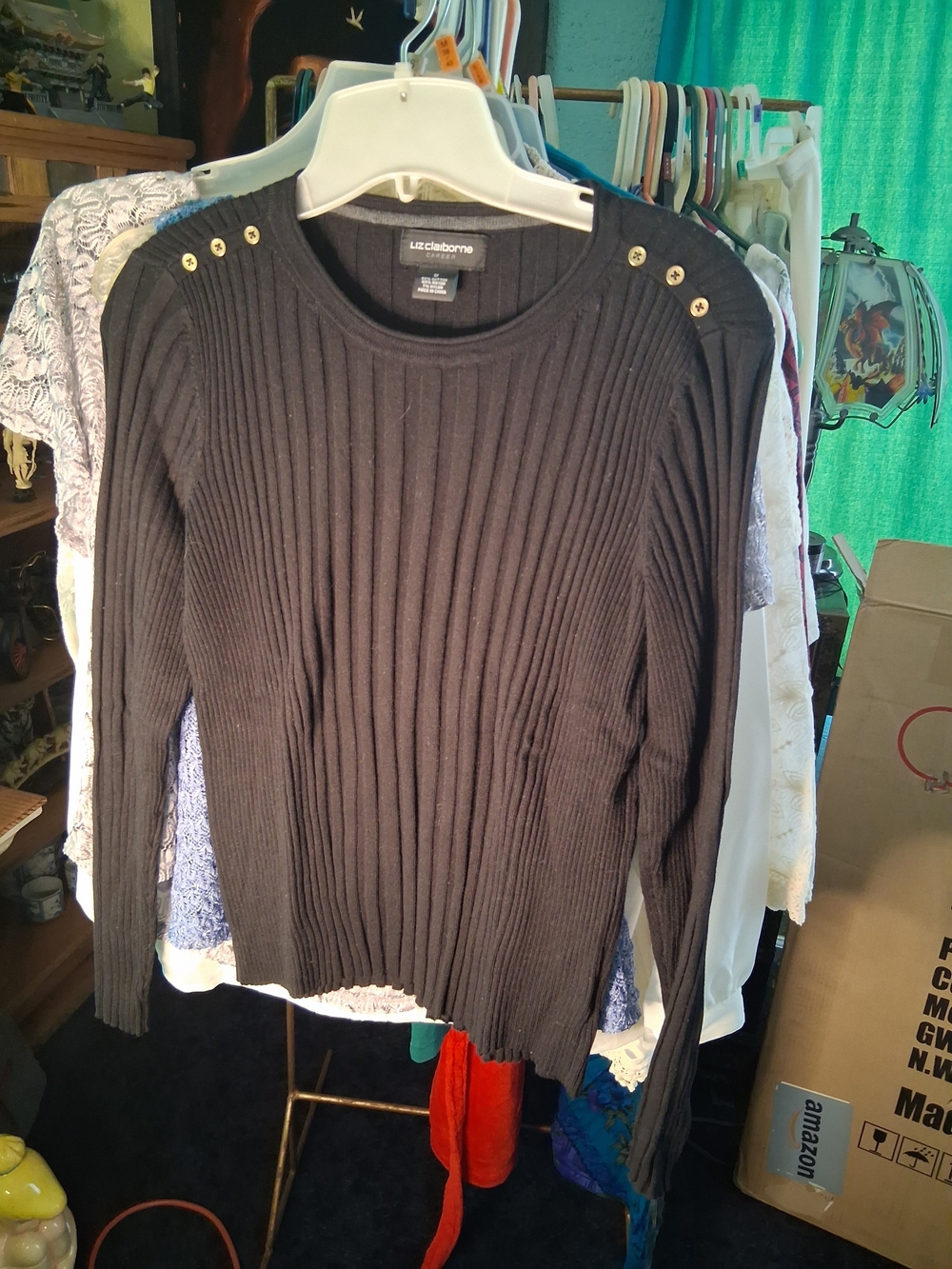 Liz Claiborne Black Ribbed Button-Shoulder Sweater